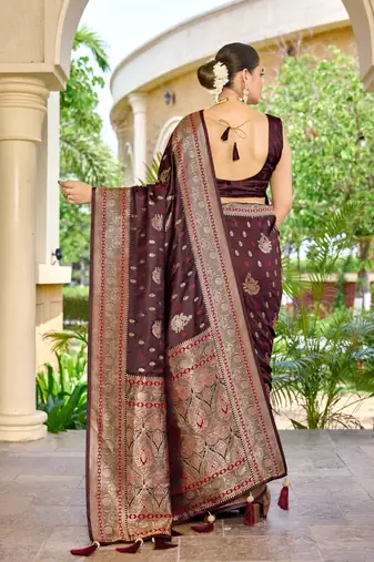 banarasi maroon saree with heavy jacquard border & golden buti weaving latest fancy saree collection