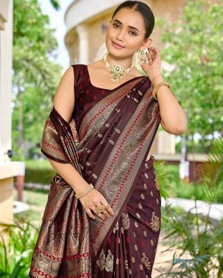 banarasi maroon saree with heavy jacquard border & golden buti weaving latest fancy saree collection 3