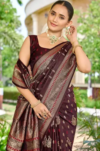 banarasi maroon saree with heavy jacquard border & golden buti weaving latest fancy saree collection