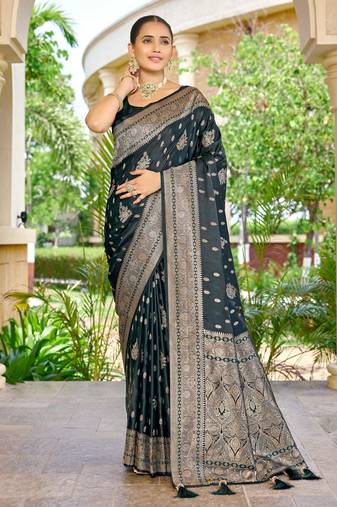 banarasi green saree with heavy jacquard border & golden buti weaving latest fancy saree collection