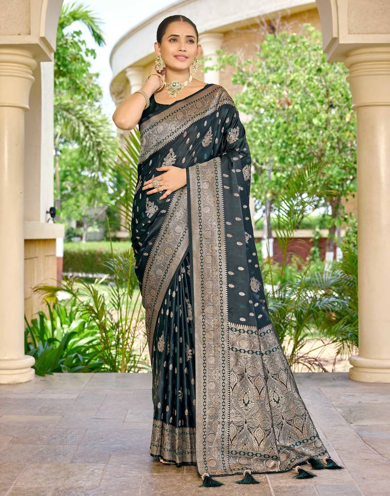 banarasi green saree with heavy jacquard border & golden buti weaving latest fancy saree collection