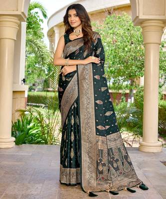 soft satin banarasi green saree with jacquard border latest ethnic saree collection for festivals & weddings 1