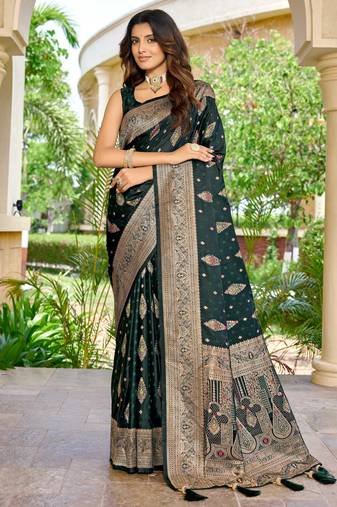 soft satin banarasi green saree with jacquard border latest ethnic saree collection for festivals & weddings
