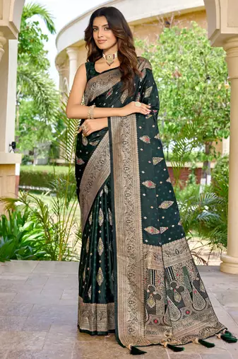 soft satin banarasi green saree with jacquard border latest ethnic saree collection for festivals & weddings