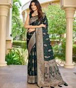 soft satin banarasi green saree with jacquard border latest ethnic saree collection for festivals & weddings