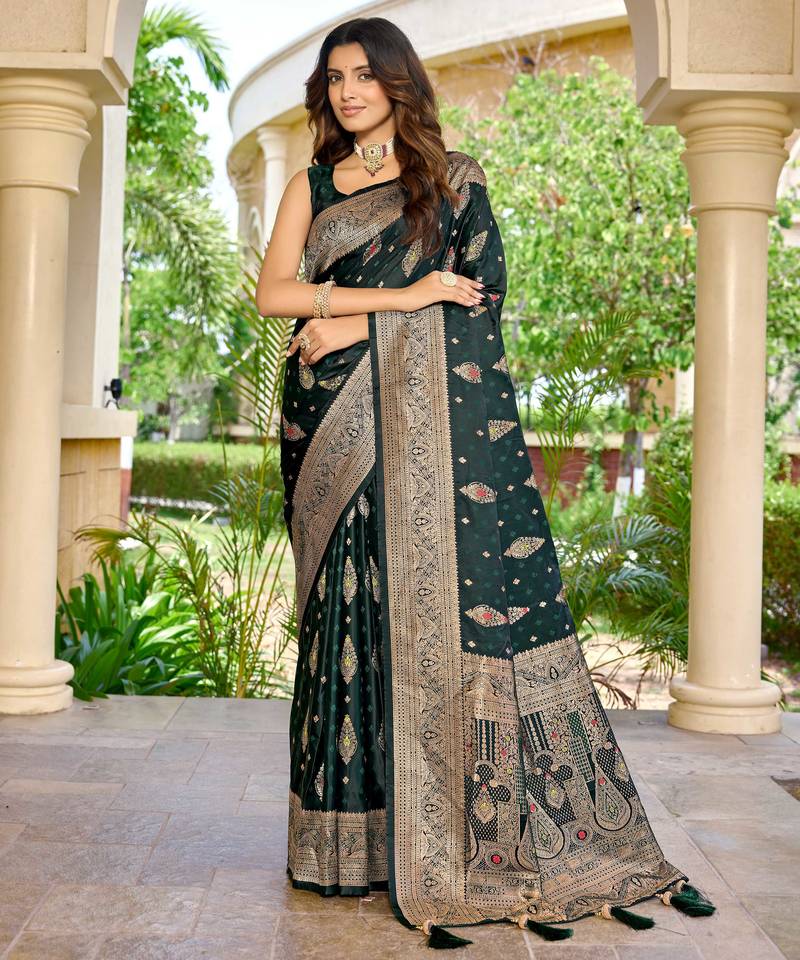 soft satin banarasi green saree with jacquard border latest ethnic saree collection for festivals & weddings