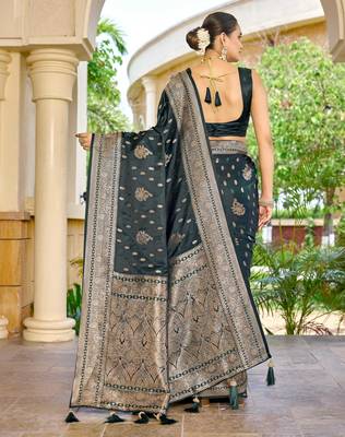 banarasi green saree with heavy jacquard border & golden buti weaving latest fancy saree collection 2