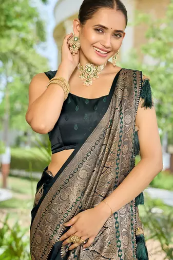 banarasi green saree with heavy jacquard border & golden buti weaving latest fancy saree collection