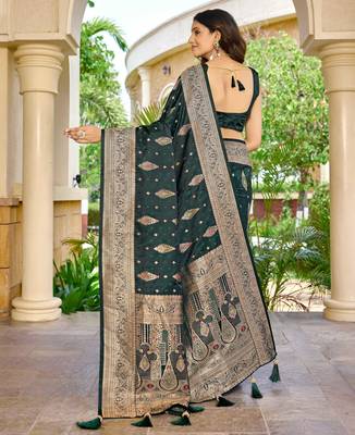 soft satin banarasi green saree with jacquard border latest ethnic saree collection for festivals & weddings 2