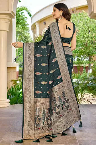 soft satin banarasi green saree with jacquard border latest ethnic saree collection for festivals & weddings