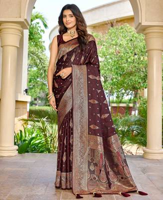 soft satin banarasi maroon saree with heavy jacquard border motif weaving latest ethnic saree collection 1