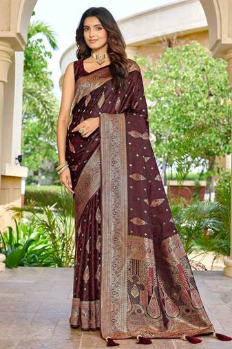 soft satin banarasi maroon saree with heavy jacquard border motif weaving latest ethnic saree collection