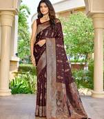 soft satin banarasi maroon saree with heavy jacquard border motif weaving latest ethnic saree collection
