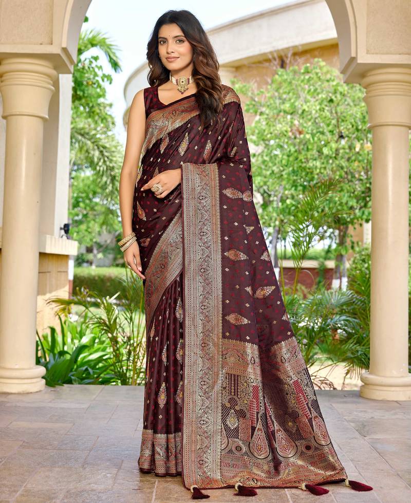 soft satin banarasi maroon saree with heavy jacquard border motif weaving latest ethnic saree collection