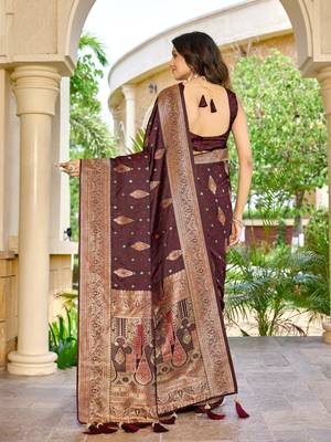 soft satin banarasi maroon saree with heavy jacquard border motif weaving latest ethnic saree collection 2