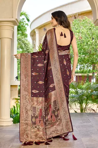 soft satin banarasi maroon saree with heavy jacquard border motif weaving latest ethnic saree collection