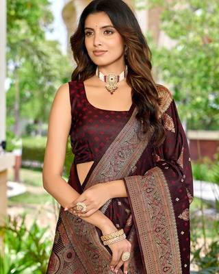 soft satin banarasi maroon saree with heavy jacquard border motif weaving latest ethnic saree collection 3