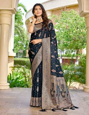 soft satin banarasi blue saree with heavy jacquard border & paisley motif weaving latest ethnic saree collection 1