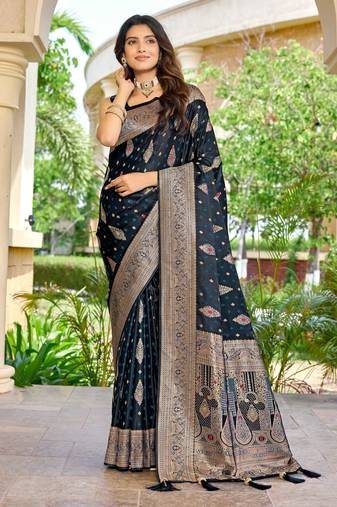 soft satin banarasi blue saree with heavy jacquard border & paisley motif weaving latest ethnic saree collection