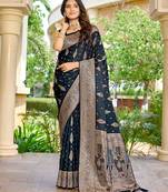 soft satin banarasi blue saree with heavy jacquard border & paisley motif weaving latest ethnic saree collection