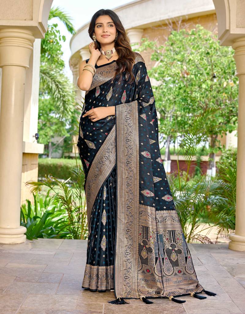 soft satin banarasi blue saree with heavy jacquard border & paisley motif weaving latest ethnic saree collection