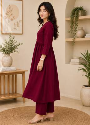 Women's maroon a-line gathered kurta with pant set 3