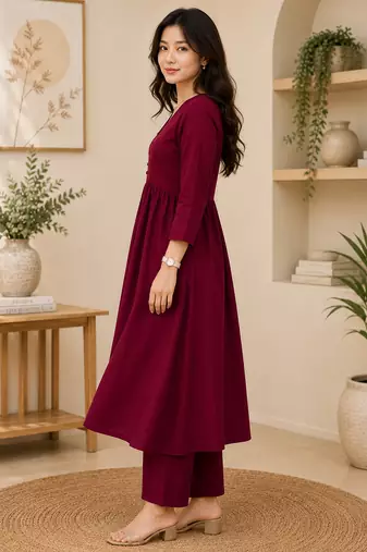 Women's maroon a-line gathered kurta with pant set