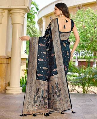 soft satin banarasi blue saree with heavy jacquard border & paisley motif weaving latest ethnic saree collection 2