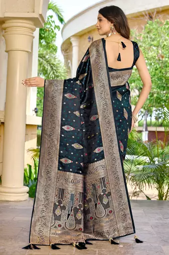 soft satin banarasi blue saree with heavy jacquard border & paisley motif weaving latest ethnic saree collection