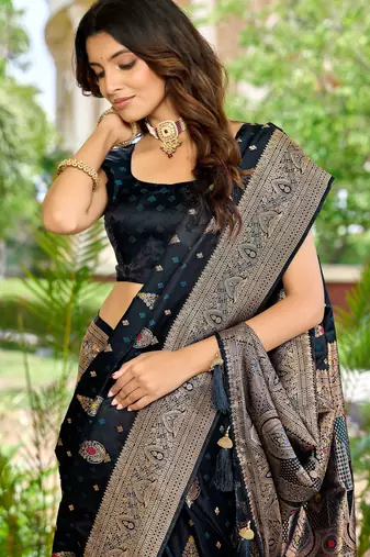 soft satin banarasi blue saree with heavy jacquard border & paisley motif weaving latest ethnic saree collection