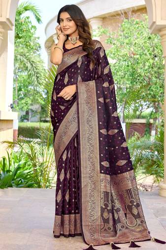soft satin banarasi wine saree with heavy jacquard border & paisley motif weaving latest ethnic saree collection