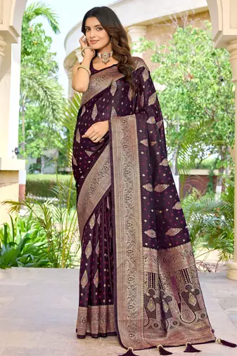 soft satin banarasi wine saree with heavy jacquard border & paisley motif weaving latest ethnic saree collection