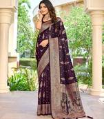 soft satin banarasi wine saree with heavy jacquard border & paisley motif weaving latest ethnic saree collection