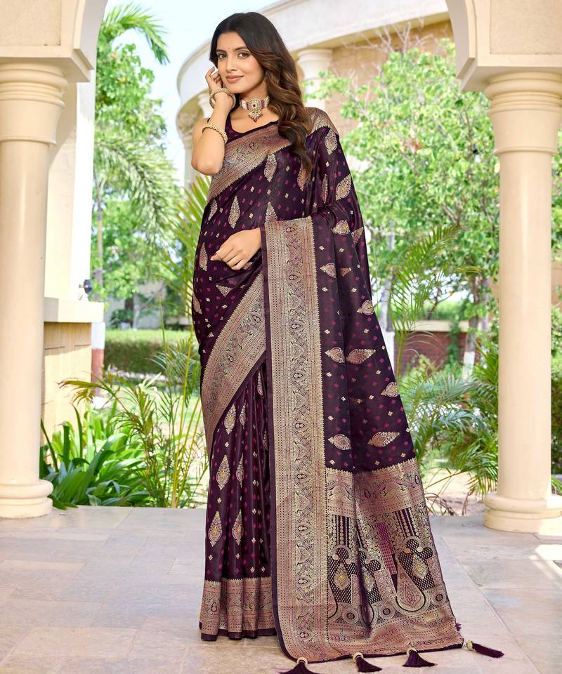 soft satin banarasi wine saree with heavy jacquard border & paisley motif weaving latest ethnic saree collection