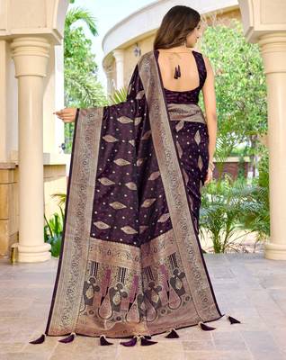 soft satin banarasi wine saree with heavy jacquard border & paisley motif weaving latest ethnic saree collection 2