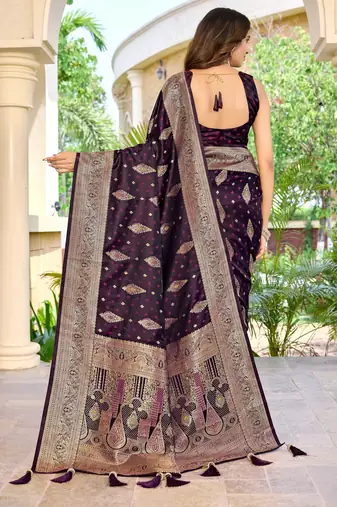 soft satin banarasi wine saree with heavy jacquard border & paisley motif weaving latest ethnic saree collection
