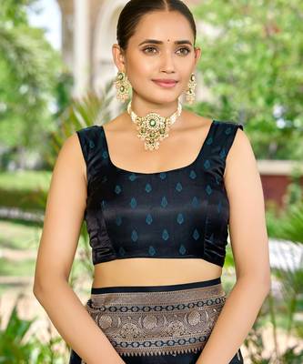 banarasi blue saree with heavy jacquard border & golden buti weaving latest fancy saree collection 5