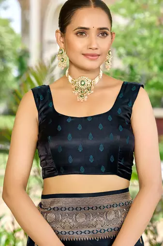 banarasi blue saree with heavy jacquard border & golden buti weaving latest fancy saree collection