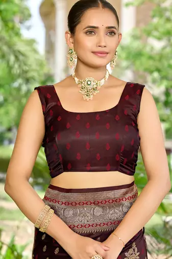 banarasi maroon saree with heavy jacquard border & golden buti weaving latest fancy saree collection