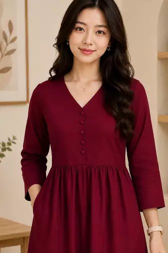 Women's maroon a-line gathered kurta with pant set