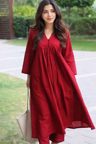 Women's  red v-neck 3 button gathered a-line kurta pant set