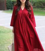 Women's  red v-neck 3 button gathered a-line kurta pant set
