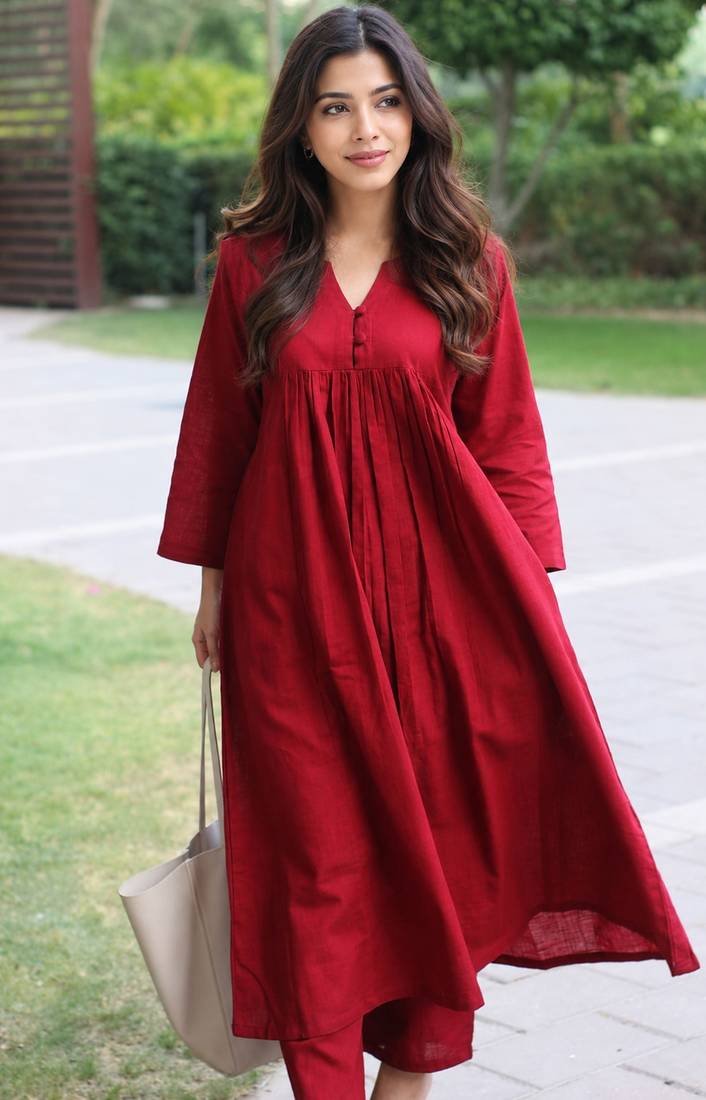 Women's  red v-neck 3 button gathered a-line kurta pant set