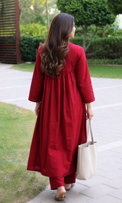 Women's  red v-neck 3 button gathered a-line kurta pant set 2