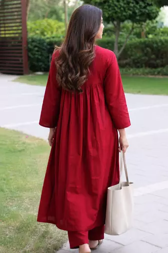 Women's  red v-neck 3 button gathered a-line kurta pant set