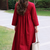 Women's  red v-neck 3 button gathered a-line kurta pant set