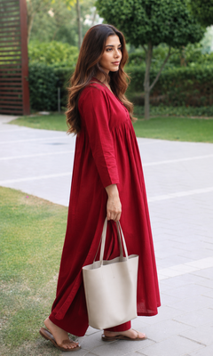 Women's  red v-neck 3 button gathered a-line kurta pant set 3