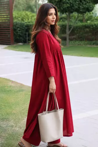 Women's  red v-neck 3 button gathered a-line kurta pant set