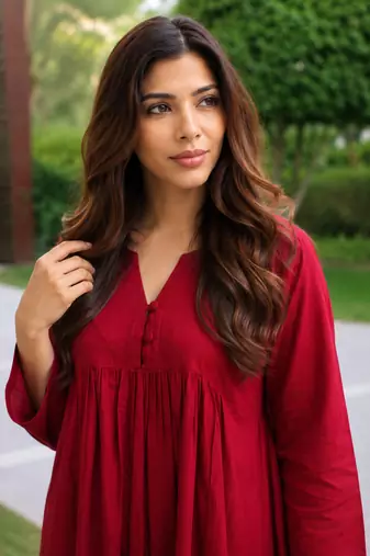 Women's  red v-neck 3 button gathered a-line kurta pant set