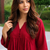 Women's  red v-neck 3 button gathered a-line kurta pant set